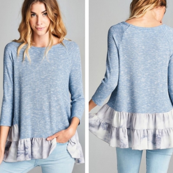 Baby blue ribbed high low tunic top - Picture 1 of 4